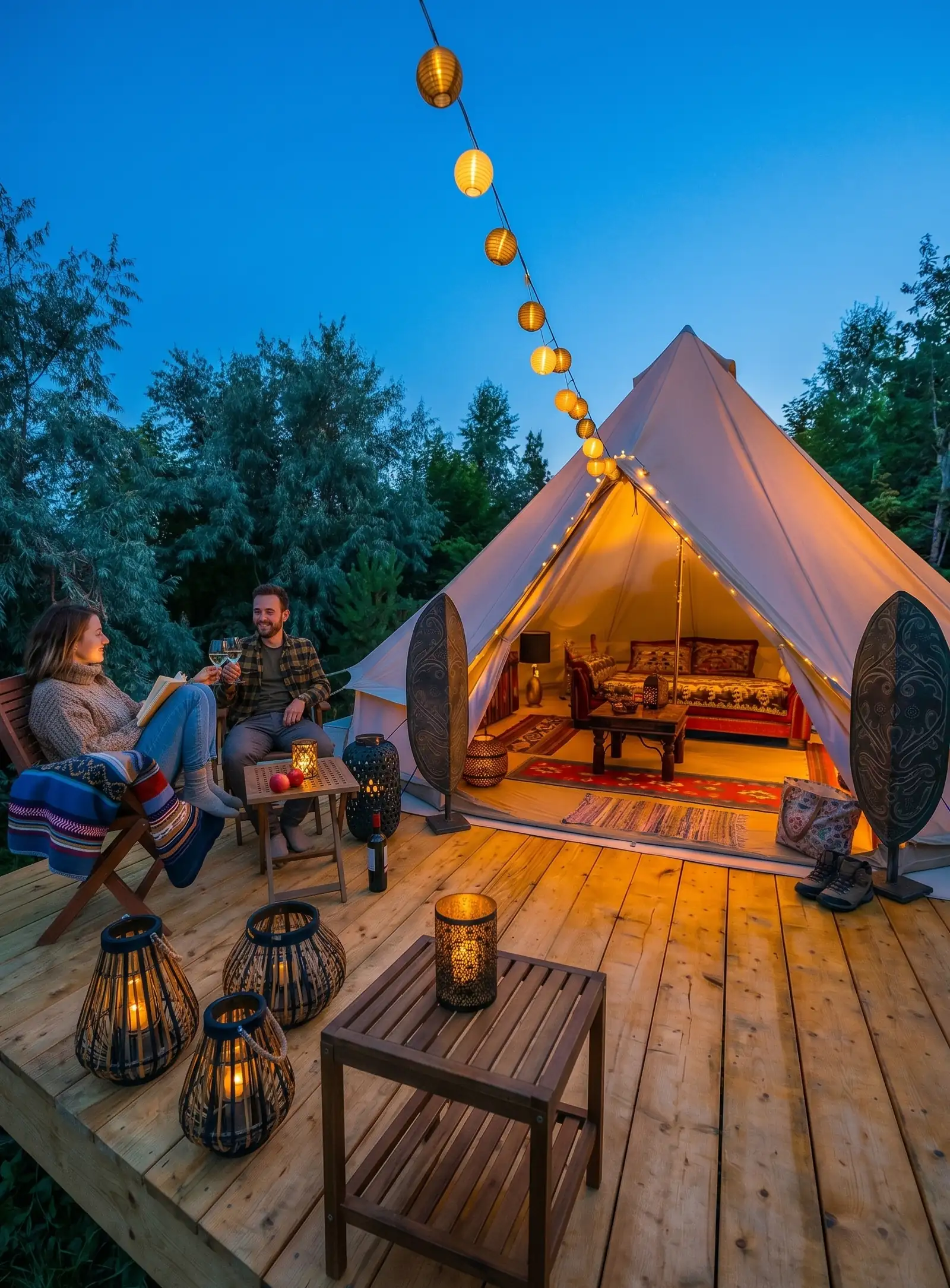 Paar entspannt im Glamping-Zelt, umgeben von Lichtern und Natur, perfekt für einen romantischen Kurzurlaub.