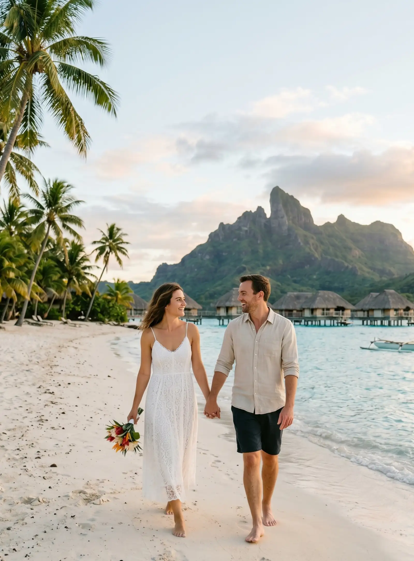 Romantisches Paar spaziert am Strand von Bora Bora, umgeben von Palmen und einer idyllischen Kulisse während ihres Urlaubes.