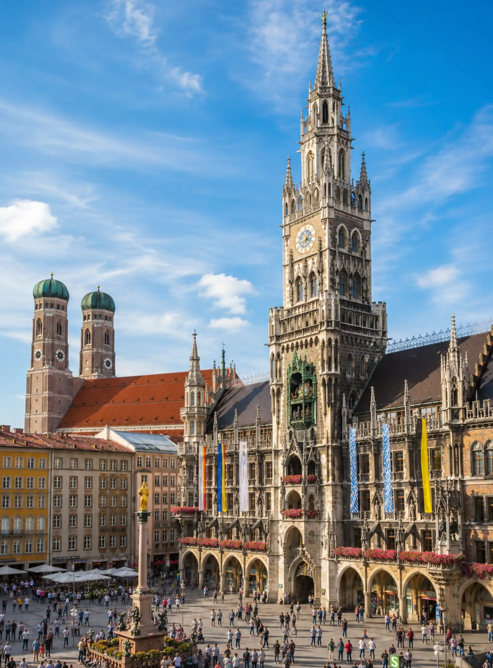 Panoramablick auf das Neue Rathaus und die Frauenkirche in München, mit Menschen auf dem Marienplatz im Herzen der Stadt.